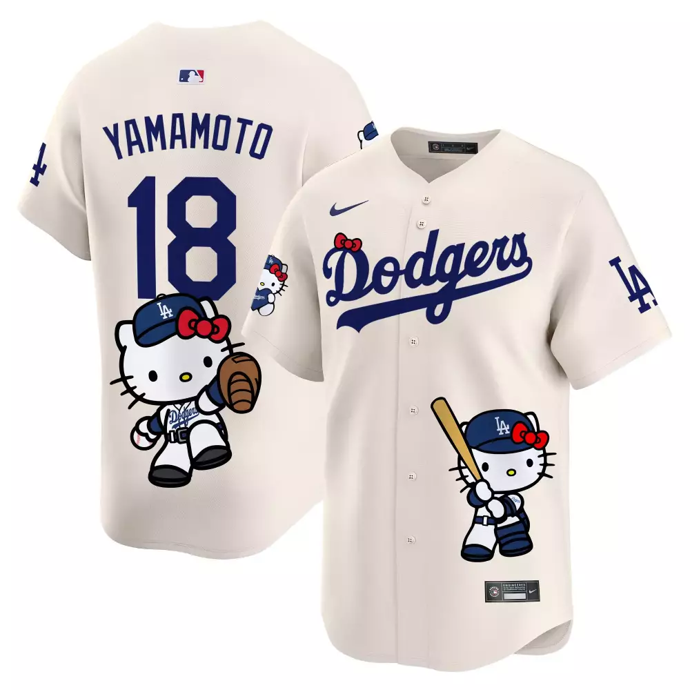 Yamamoto 2024 Dodgers Hello Kitty Limited Edition Jersey | Cream Unisex Vapor Premier | Printed Fan Gear for Men, Women & Youth
