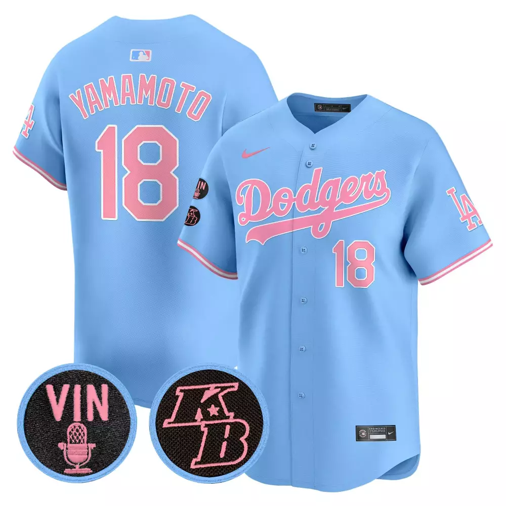 Yamamoto Dodgers Kobe Patch Bubblegum Pink Jersey | Stitched Vapor Premier Limited Edition for Men, Women & Youth | Fan Gear