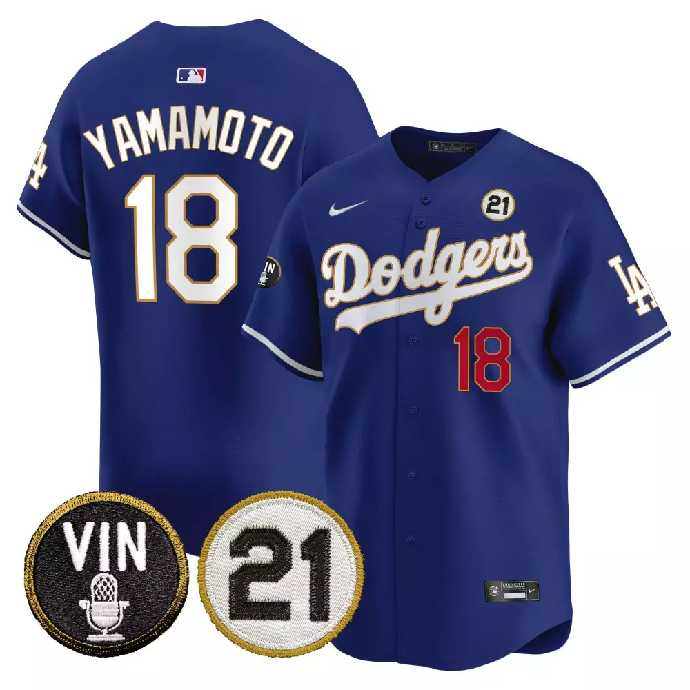 Vin Roberto Patch Dodgers Custom Jersey | Gold Trim Vapor Premier Limited Edition | Fan Gear for Men, Women & Youth
