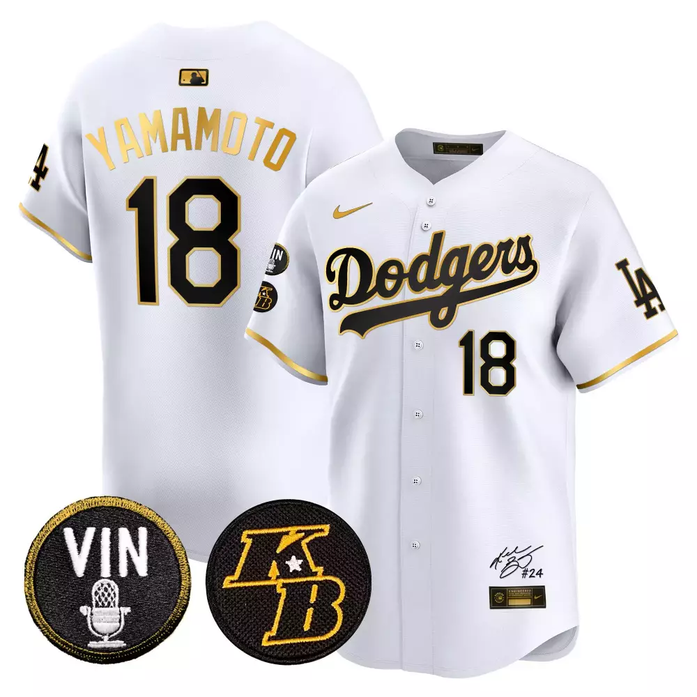 Yamamoto Vin Patch Kobe Bryant Signature Vapor Premier Jersey | White Gold Los Angeles Dodgers Men's Jersey | Limited Edition Fan Gear | For Men, Women & Youth