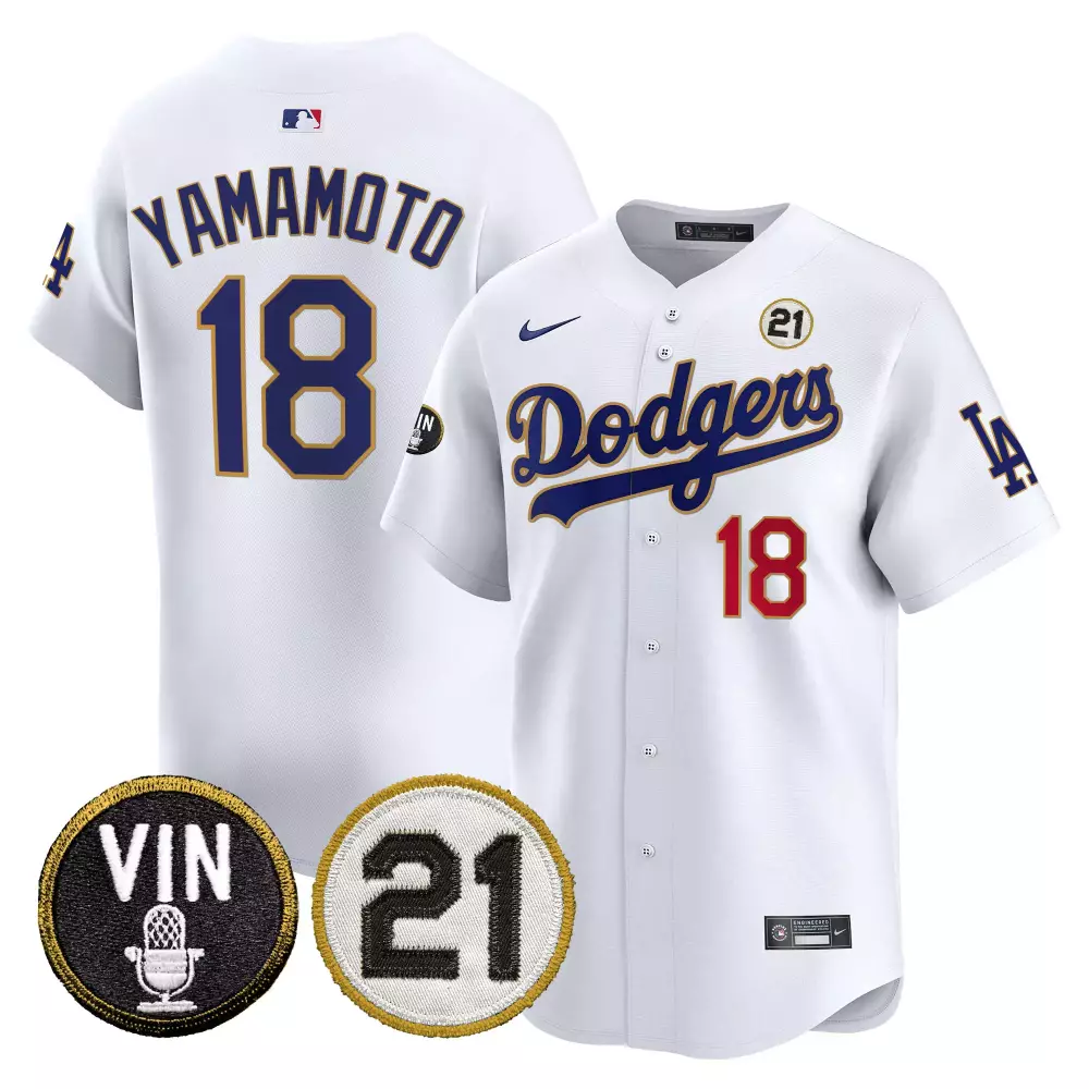 Yamamoto Dodgers Vin Roberto Patch Gold Trim Jersey | Stitched Vapor Premier Limited Edition | Fan Gear for Men, Women & Youth