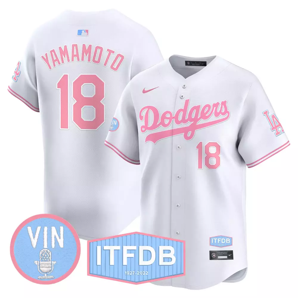 Yamamoto Dodgers Vin ITFDB Patch Bubblegum Pink Jersey | Stitched Vapor Premier Limited Edition | Fan Gear for Men, Women & Youth