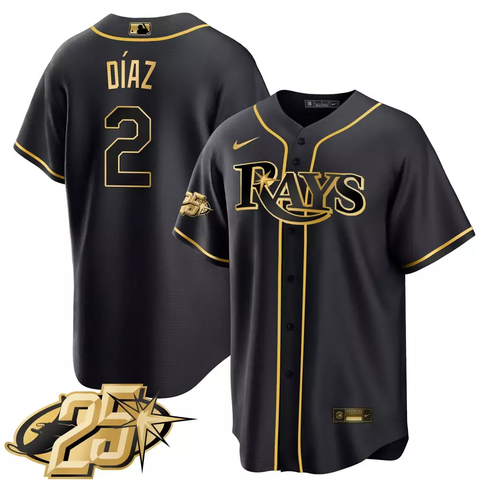 yandy diaz black gold mens tampa bay rays 25th anniversary patch cool base v2 jersey all stitched