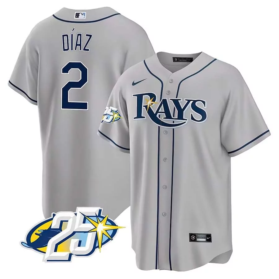 yandy diaz gray mens tampa bay rays 25th anniversary patch cool base v2 jersey all stitched