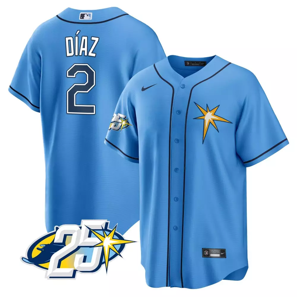 yandy diaz gray mens tampa bay rays 25th anniversary patch cool base v2 jersey all stitched
