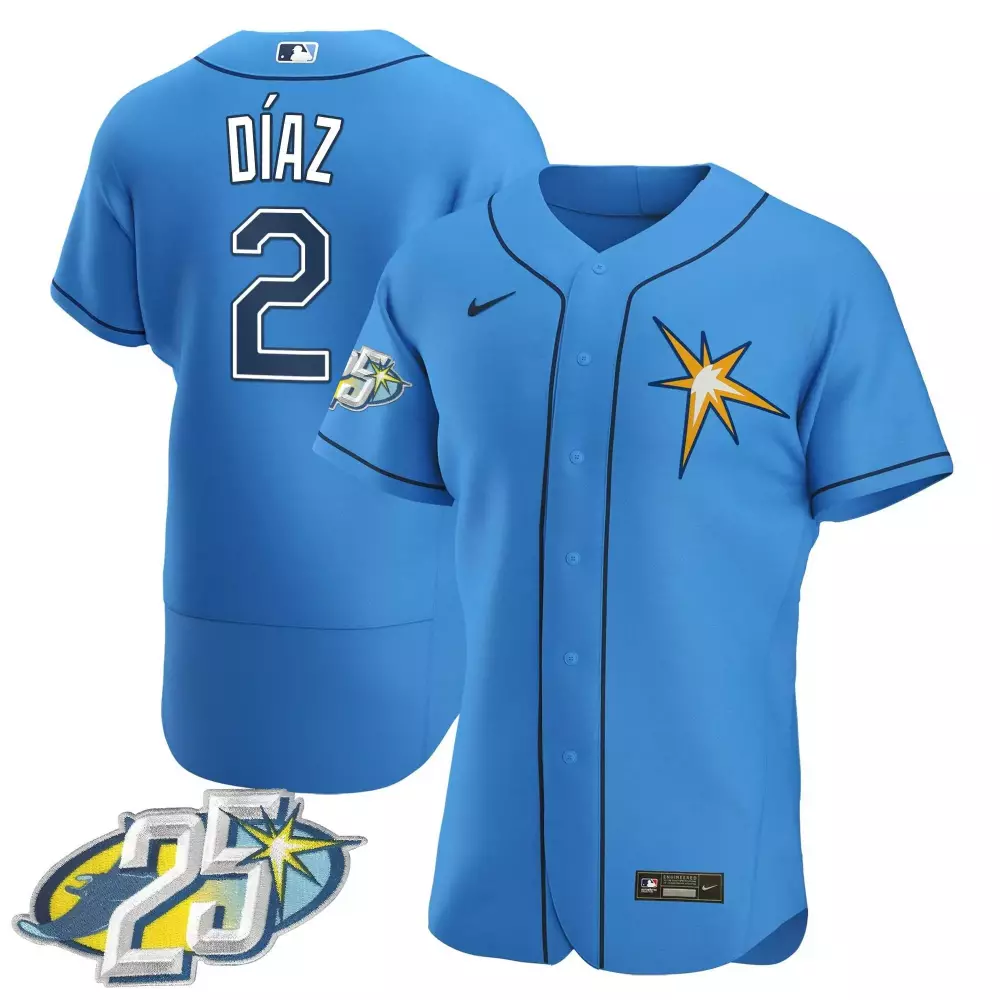 yandy diaz light blue mens tampa bay rays 25th anniversary patch flex base jersey all stitched