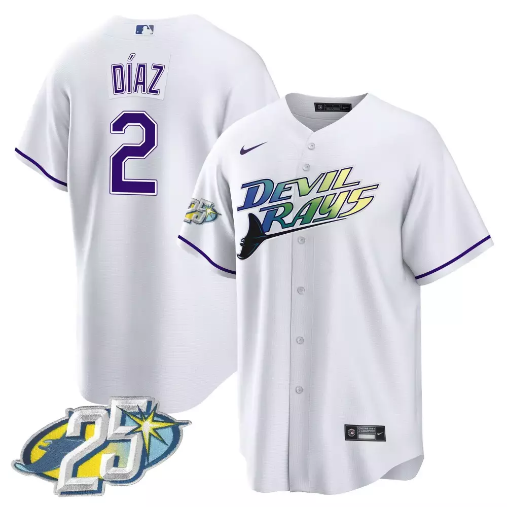 yandy diaz white mens tampa bay rays 25th anniversary patch cool base jersey all stitched