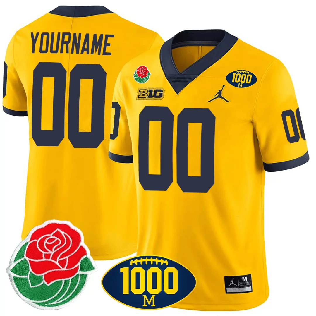 yellow men michigan wolverines 1000 wins rose bowl patch special custom jersey all stitched