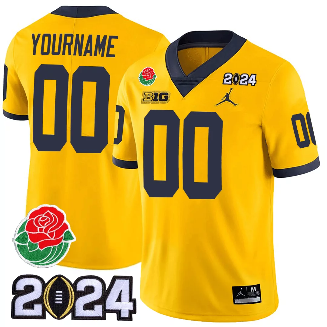 yellow men michigan wolverines 1000 wins rose bowl patch special custom jersey all stitched