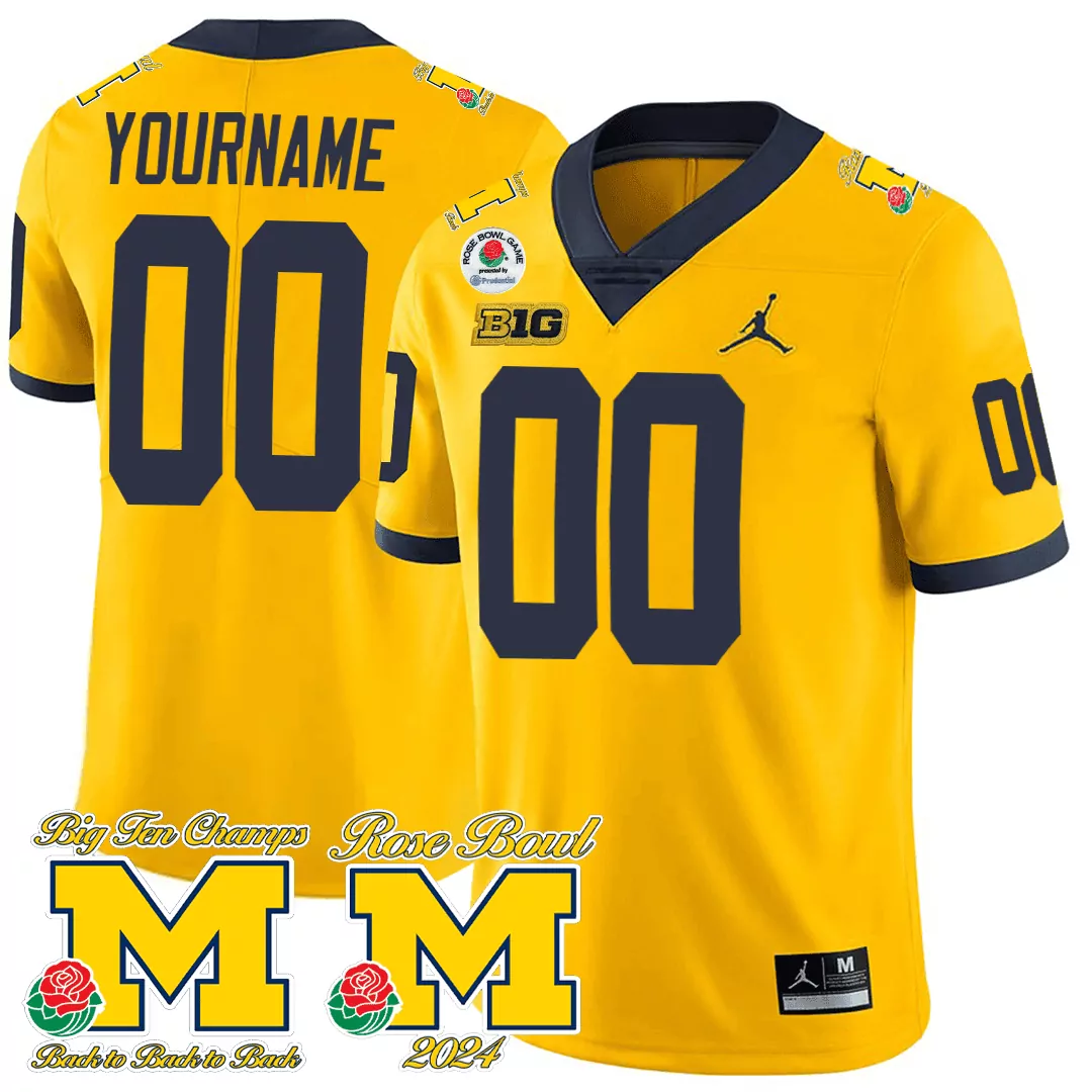 yellow men michigan wolverines 1000 wins rose bowl patch special custom jersey all stitched