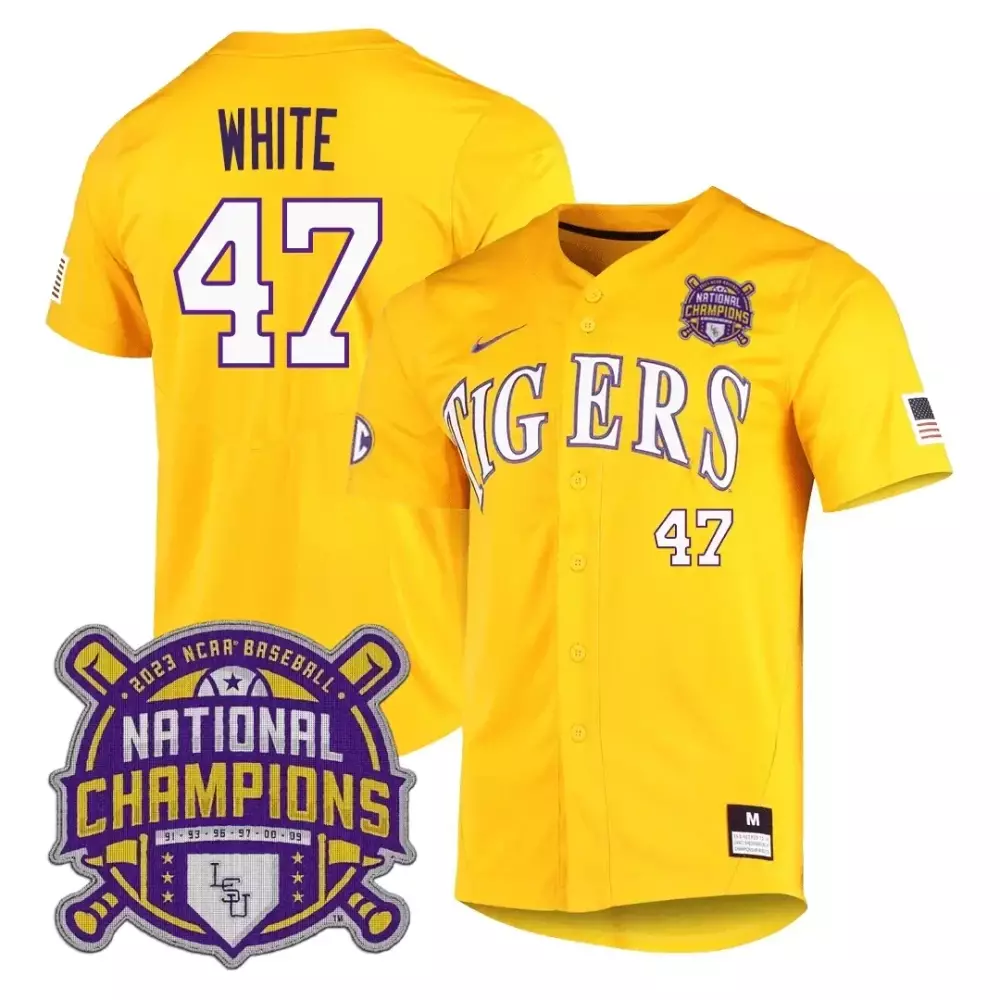 yellow men tommy white lsu tigers college world series national champions jersey all stitched