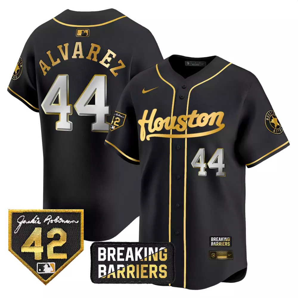 yordan alvarez black gold mens houston astros jackie robinson breaking barriers patch vapor premier limited jersey all s