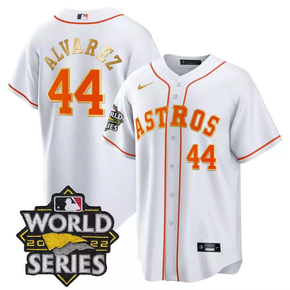 Yordan Alvarez Houston Astros 2022 World Series Gold Trim Jersey | Cool White Design | For Men, Women & Youth