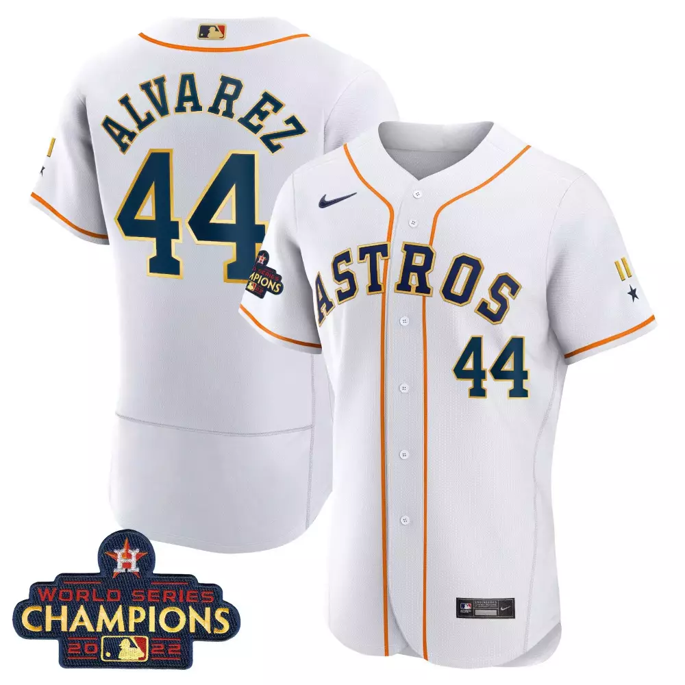 Yordan Alvarez Houston Astros World Series Champion 2022 White Gold Trim Jersey | Stitched Fan Gear | For Men, Women & Youth