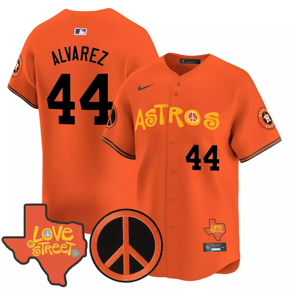 Yordan Alvarez Houston Astros 2025 Love Street Peace Sign Patch Vapor Premier Jersey | Orange Stitched Limited Edition | Fan Gear for Men, Women & Youth