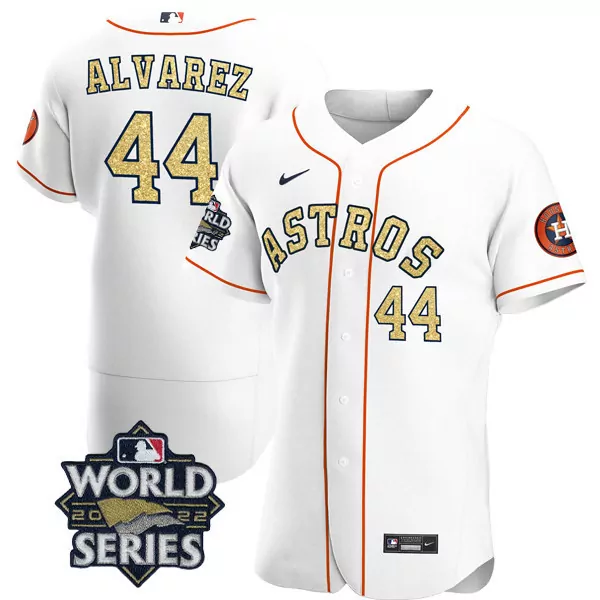 Yordan Alvarez Flex Base Men's Astros White Gold 2022 World Series Jersey | Stitched Fan Gear | For Men, Women & Youth
