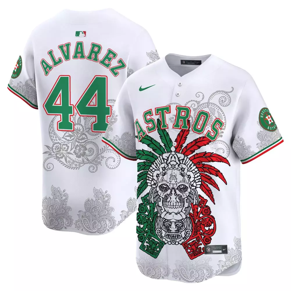 yordan lvarez white mens houston astros aztec warrior skull vapor premier limited jersey v2 printed