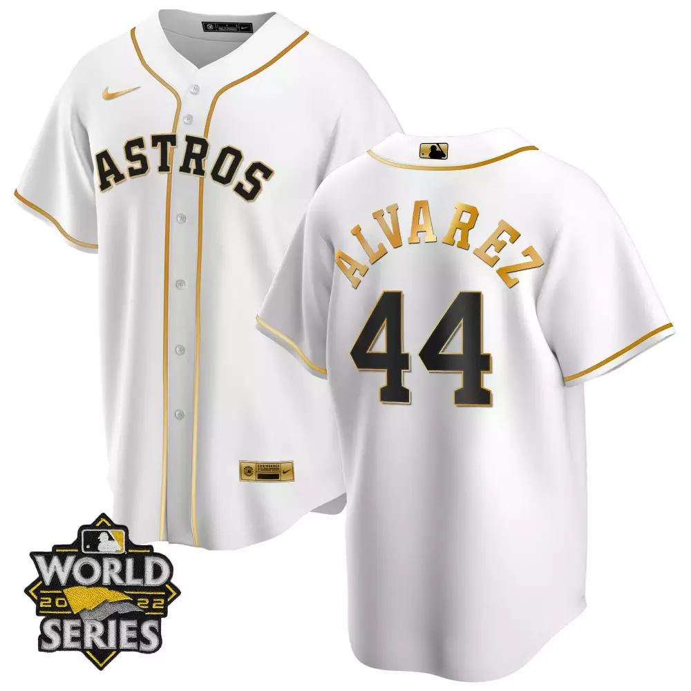 Yordan Alvarez Houston Astros 2022 World Series Gold Trim Jersey | Cool White Design | For Men, Women & Youth
