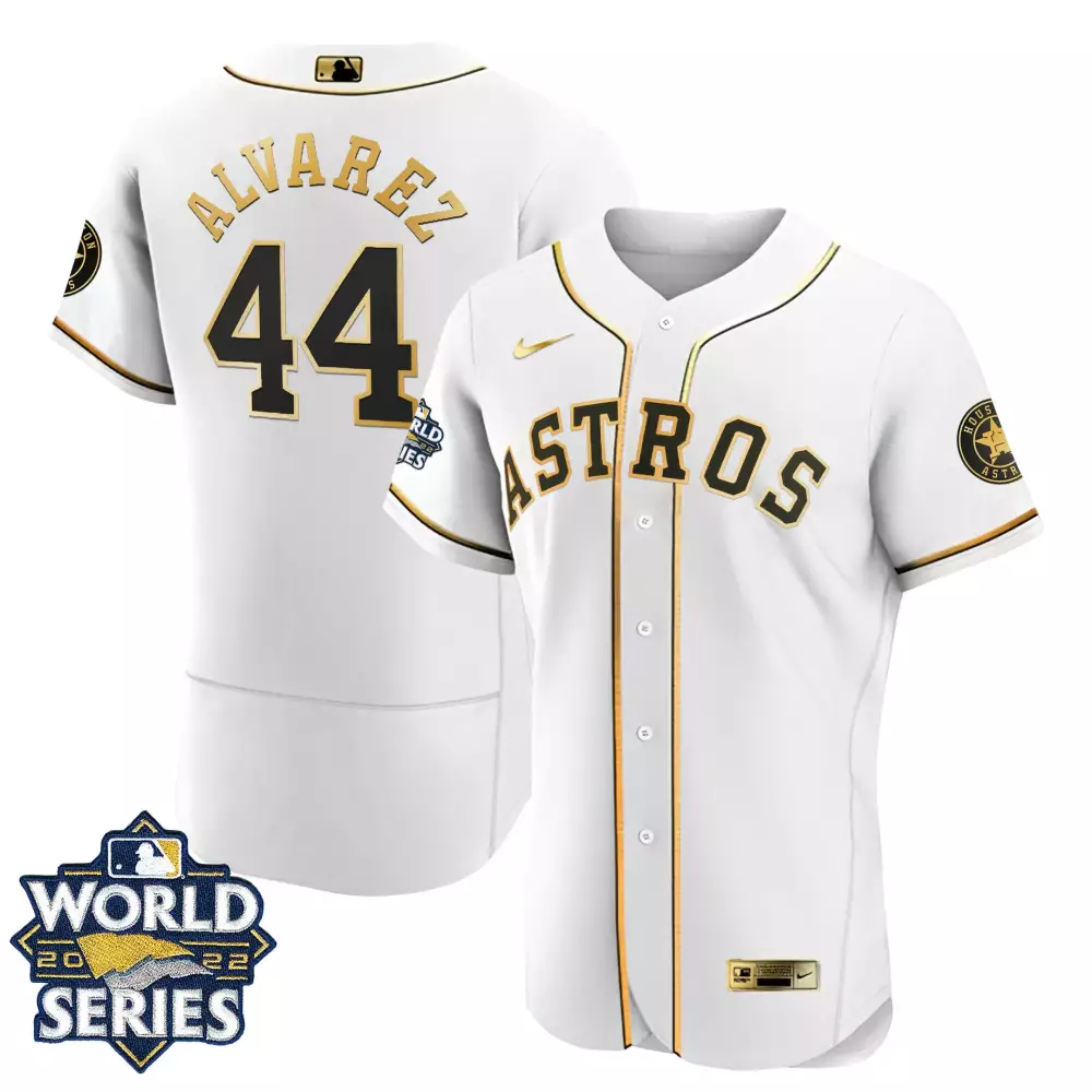 Yordan Alvarez Houston Astros 2022 World Series Jersey | Flex Base White Gold Stitched | Limited Edition Fan Gear | For Men, Women & Youth