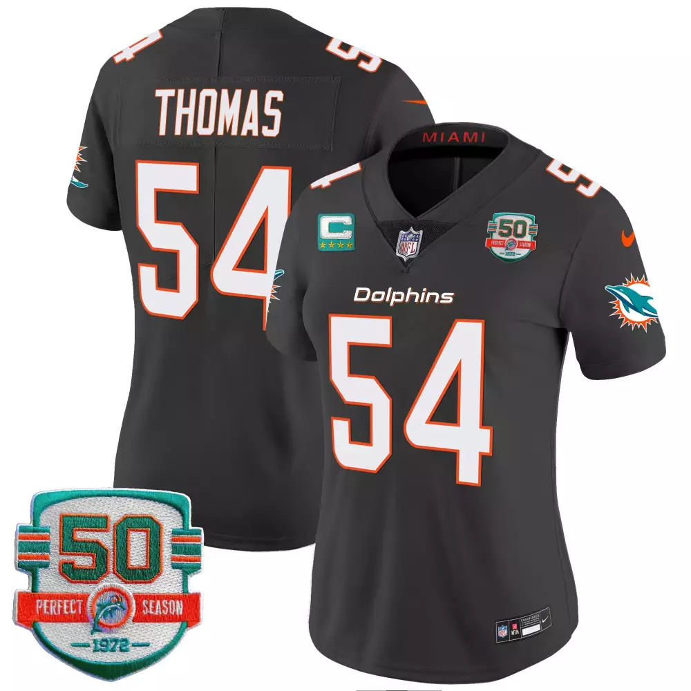 zach thomas black womens miami dolphins 50th 1972 perfect season patch vapor jersey all stitched