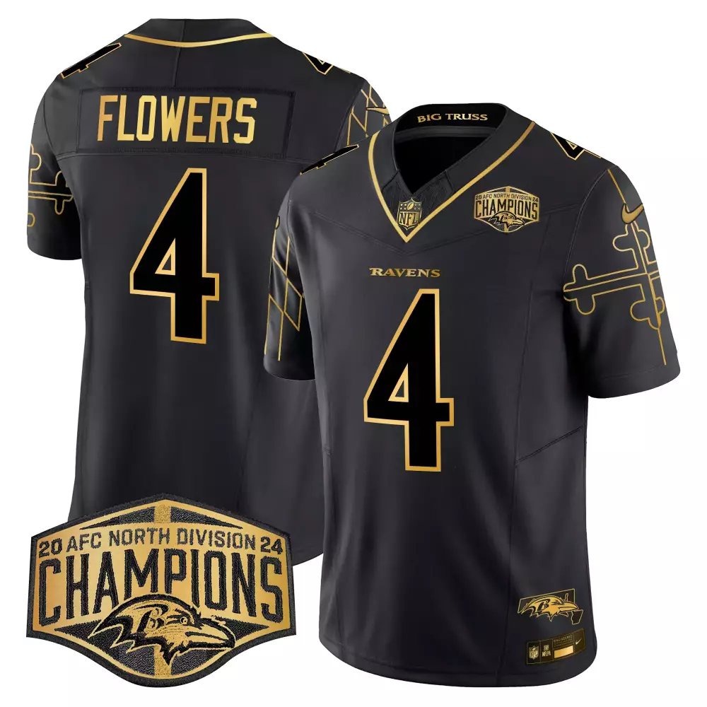 zay flowers black gold mens baltimore ravens 2023 afc north champions patch gold vapor jersey all stitched