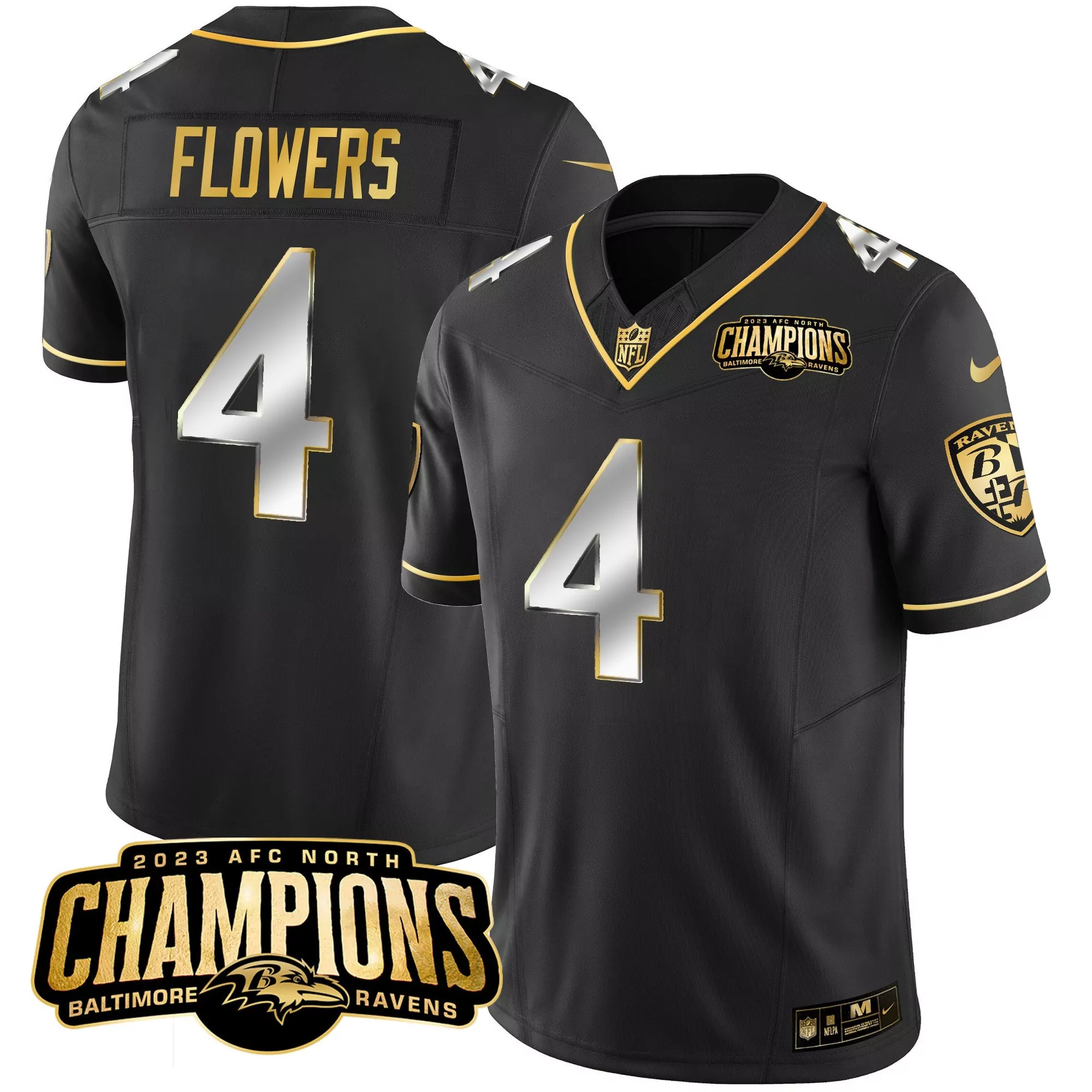 zay flowers black limited mens baltimore ravens 2023 afc north champions patch gold vapor jersey all stitched