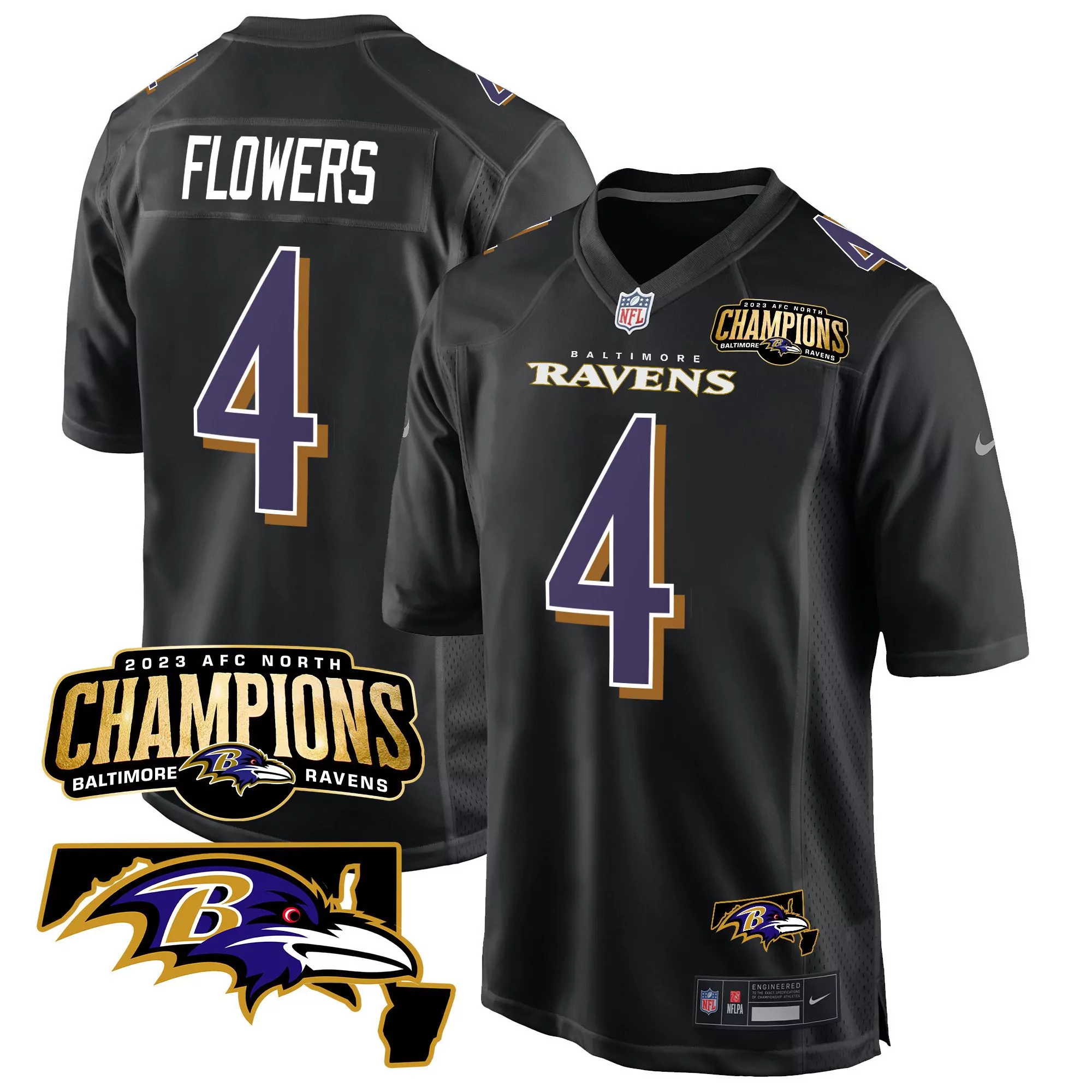 zay flowers black mens baltimore ravens 2023 afc north champions maryland patch game jersey all stitched