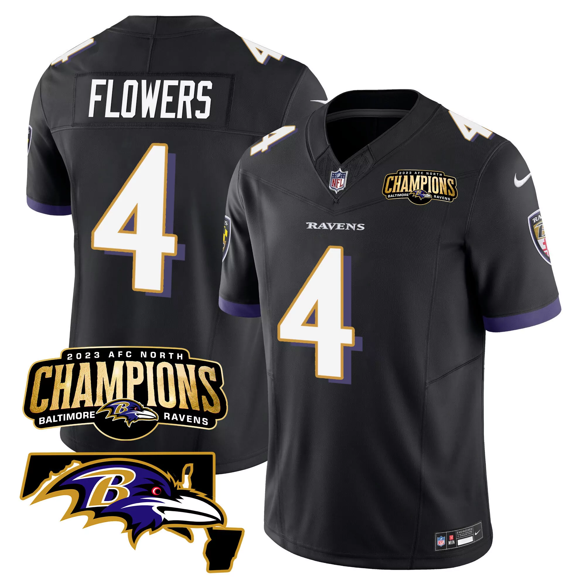 zay flowers black mens baltimore ravens 2023 afc north champions maryland patch game jersey all stitched