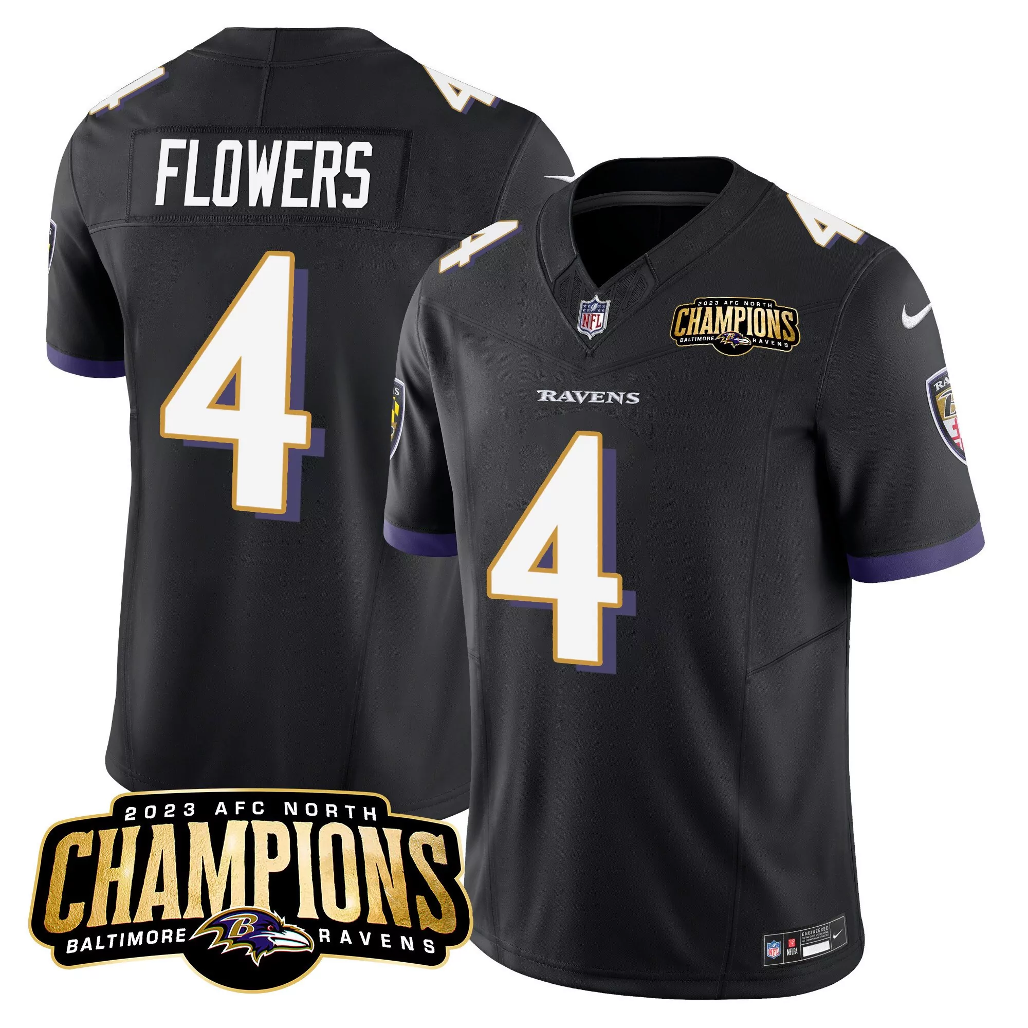 zay flowers black mens baltimore ravens 2023 afc north champions maryland patch game jersey all stitched