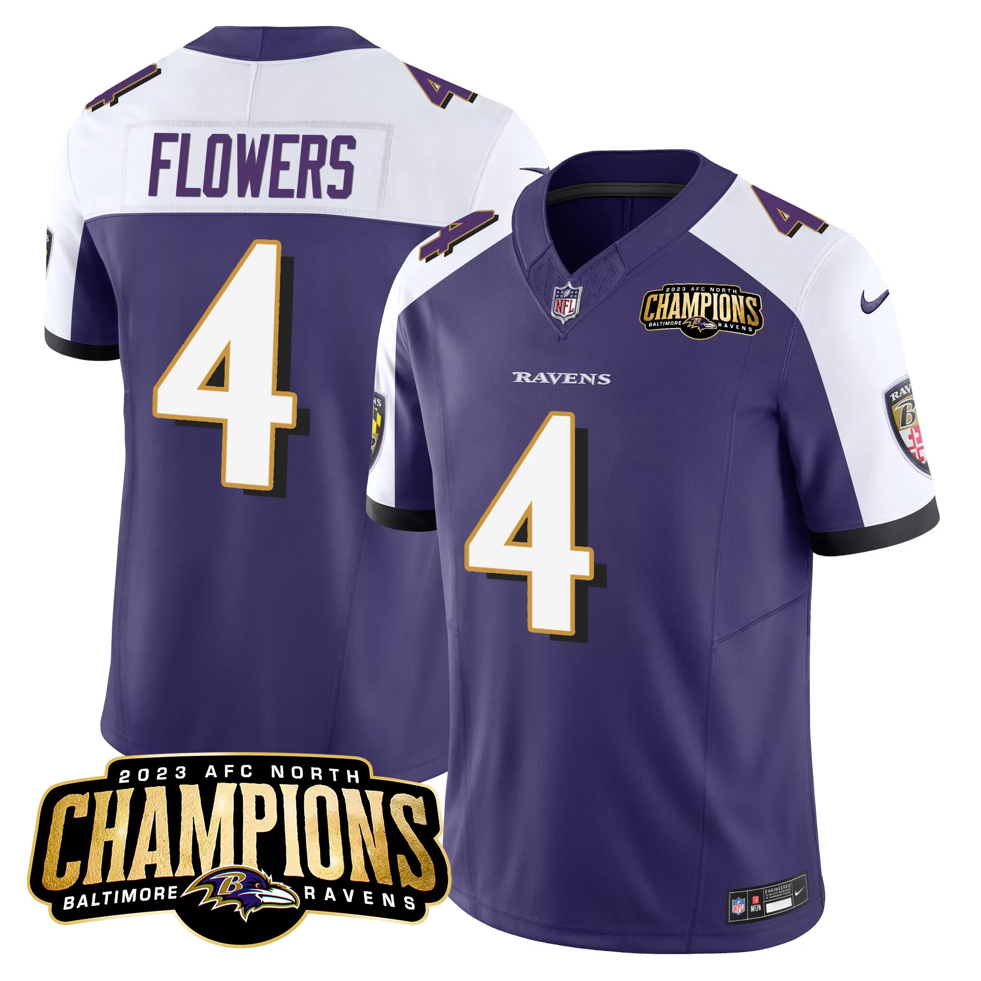zay flowers purple alternate mens baltimore ravens 2023 afc north champions patch vapor limited jersey all stitched