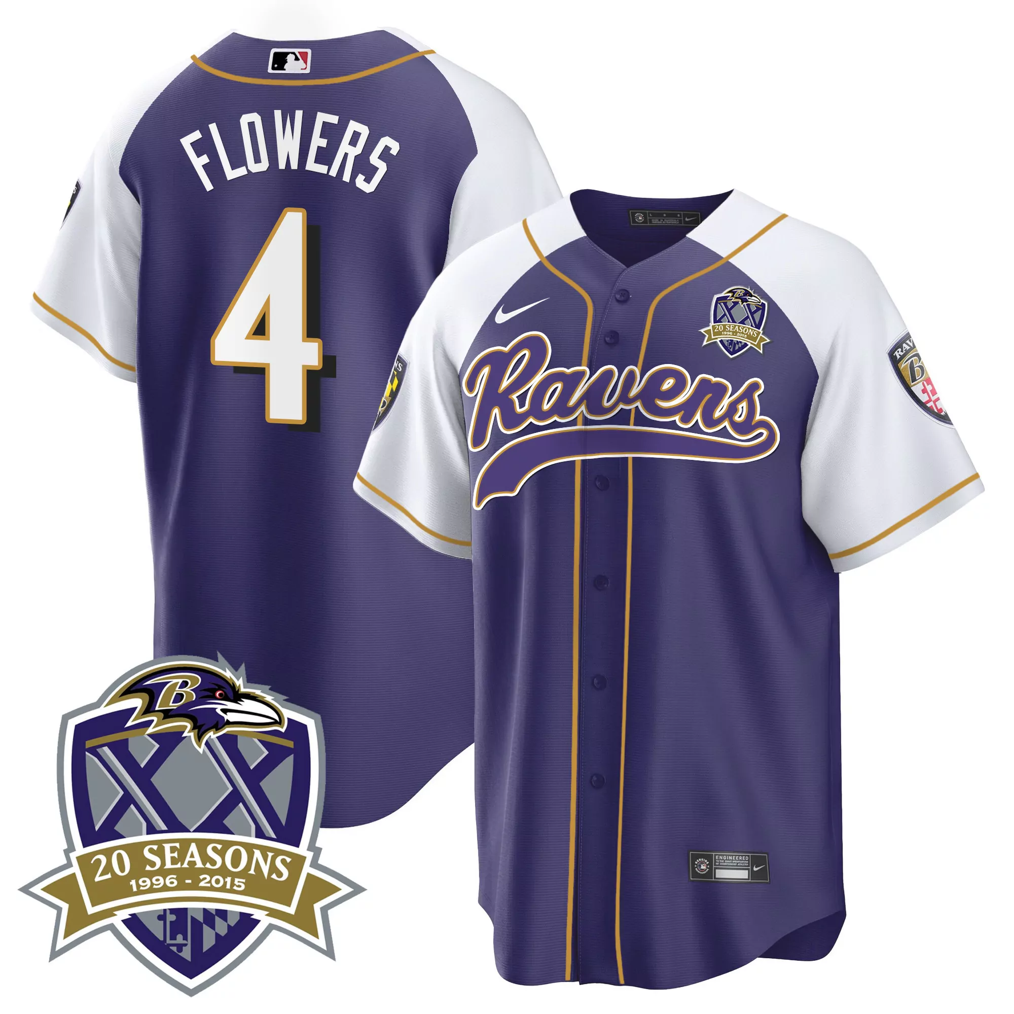 zay flowers purple alternate mens baltimore ravens 20th season patch baseball jersey all stitched