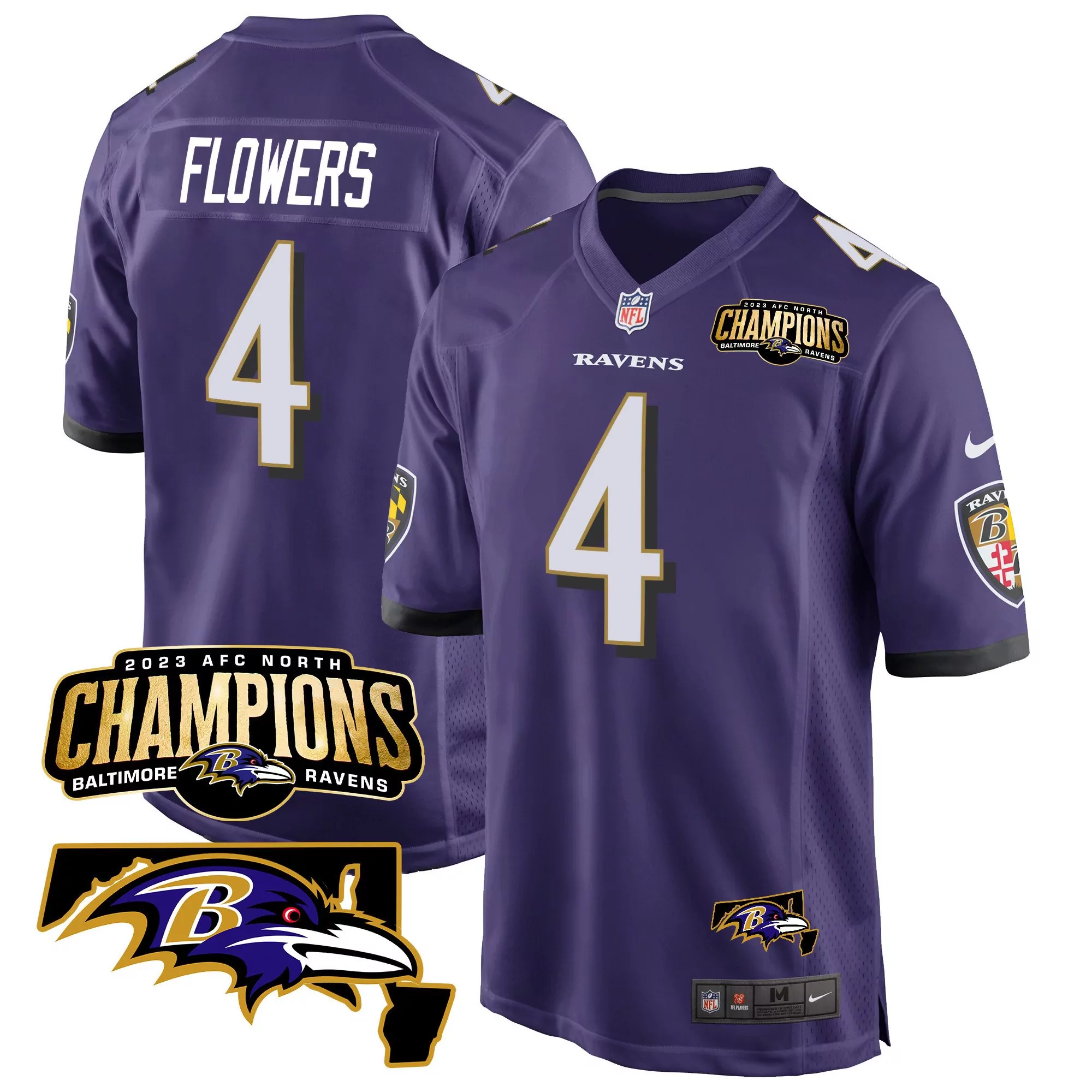 zay flowers purple mens baltimore ravens 2023 afc north champions maryland patch game jersey all stitched