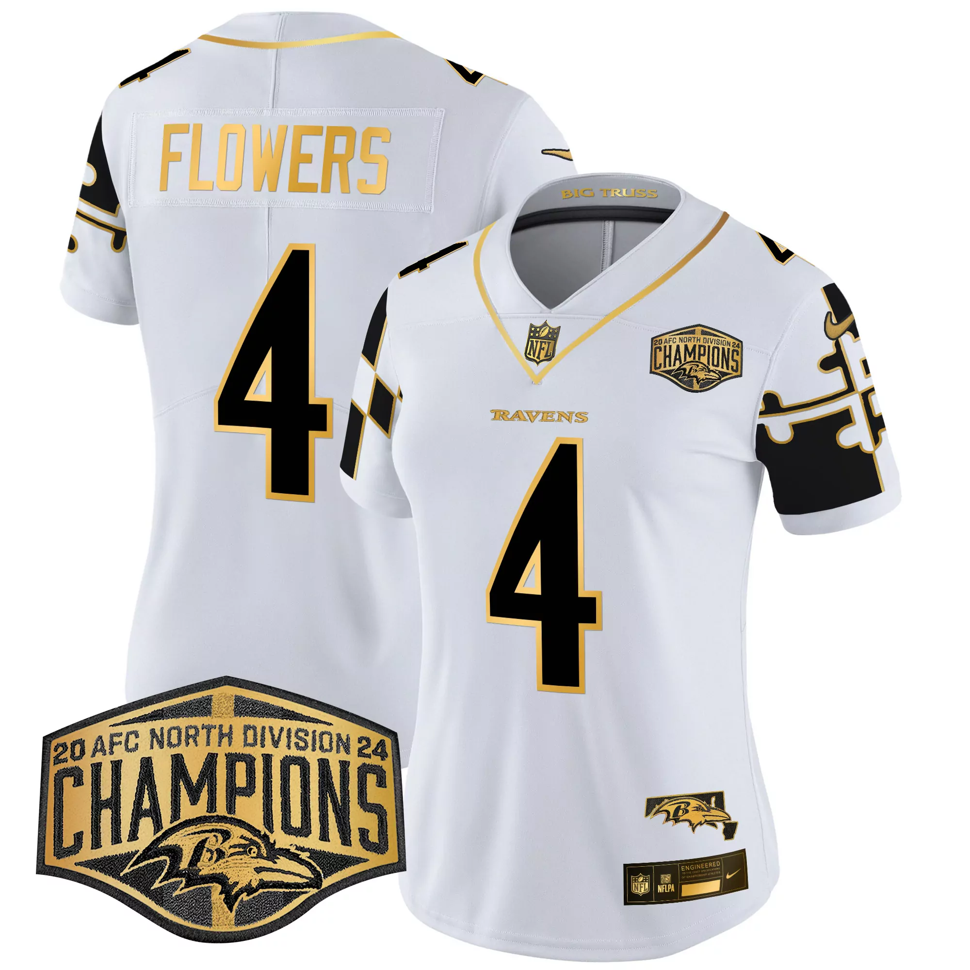 zay flowers white gold womens baltimore ravens maryland flag map 2024 afc north division champions patch gold vapor limi