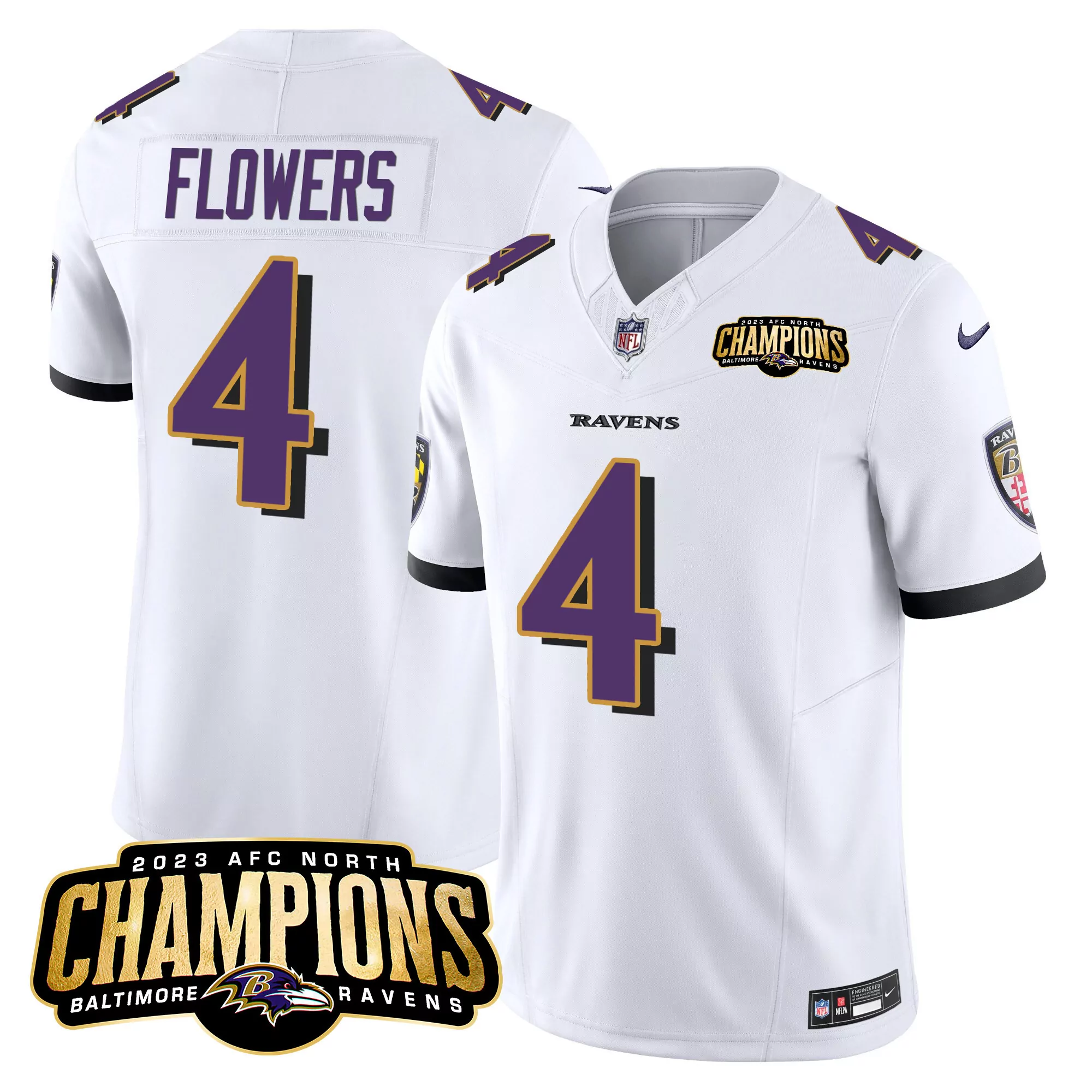 zay flowers white mens baltimore ravens 2023 afc north champions patch vapor limited jersey all stitched