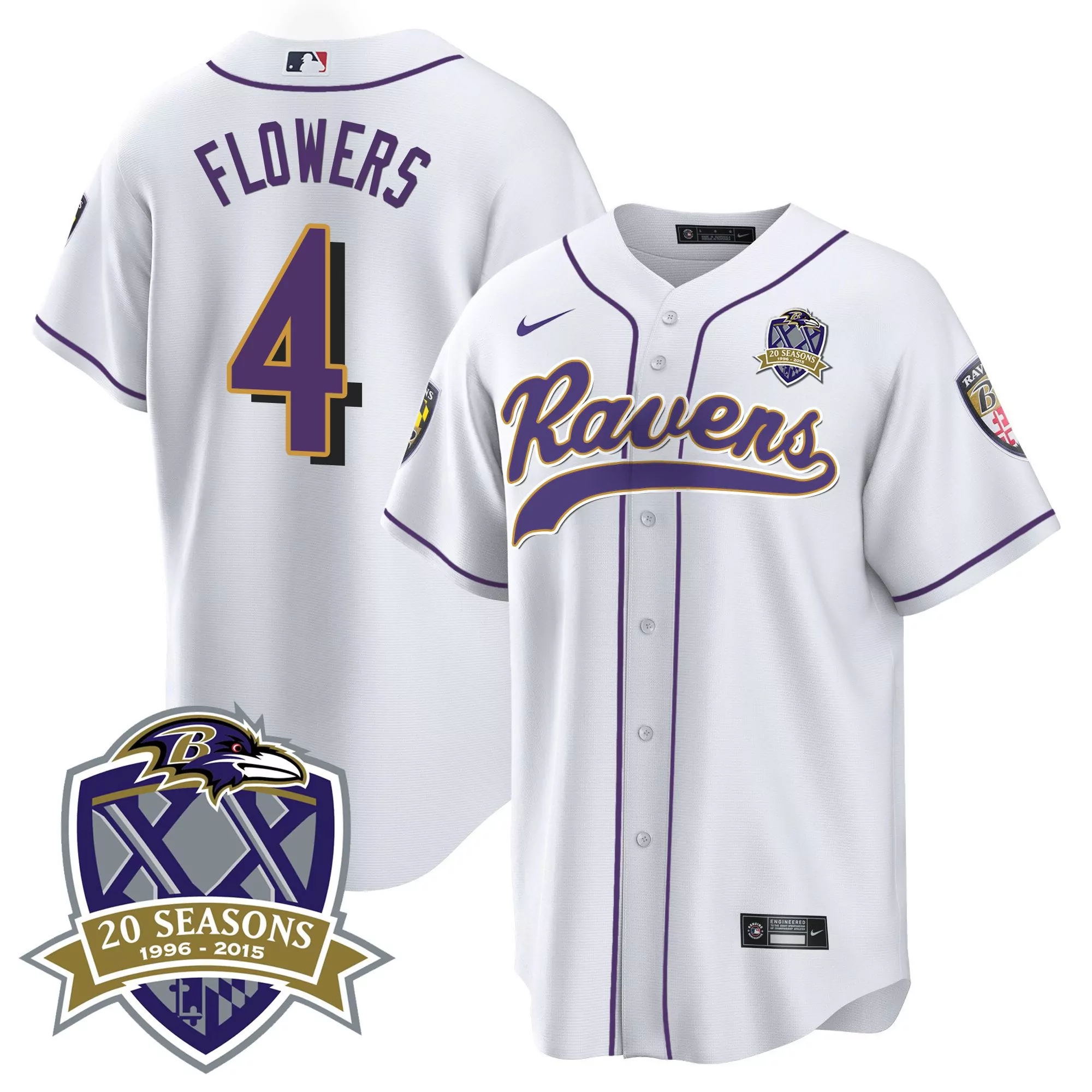 zay flowers white mens baltimore ravens 20th season patch baseball jersey all stitched