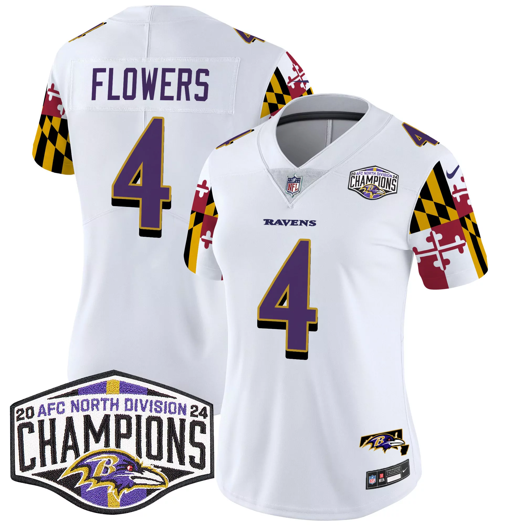 zay flowers white womens baltimore ravens maryland flag 2024 afc north division champions patch vapor limited jersey all