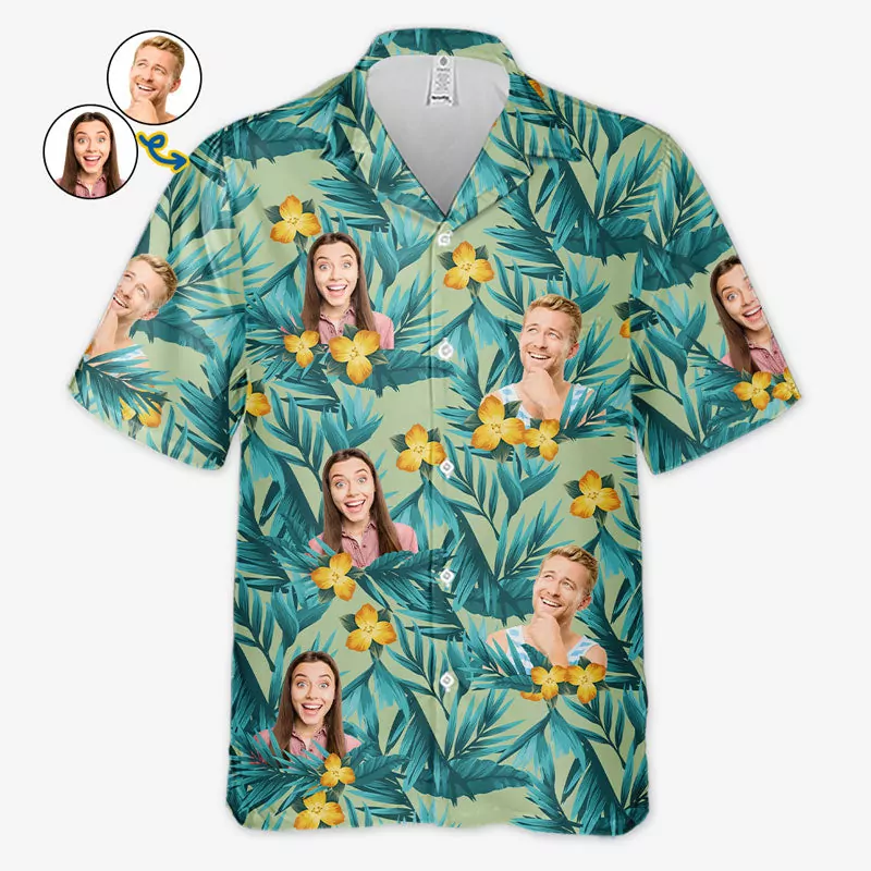 custom photo colorful flowers and leaves pattern couple personalized hawaiian 1
