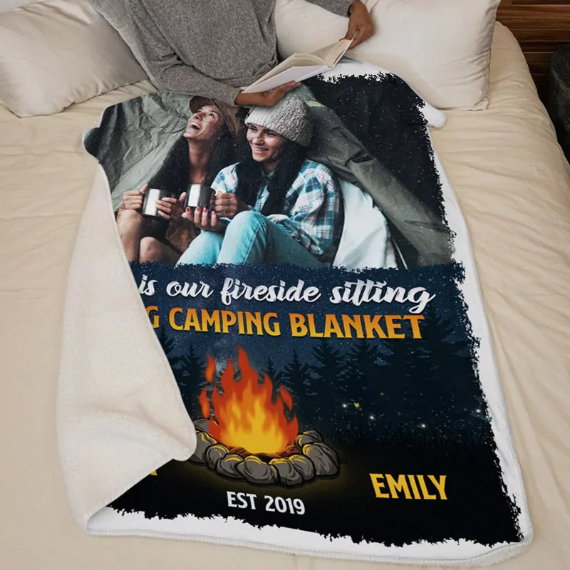 custom photo fireside sitting going camping blanket camping personal blanket 1
