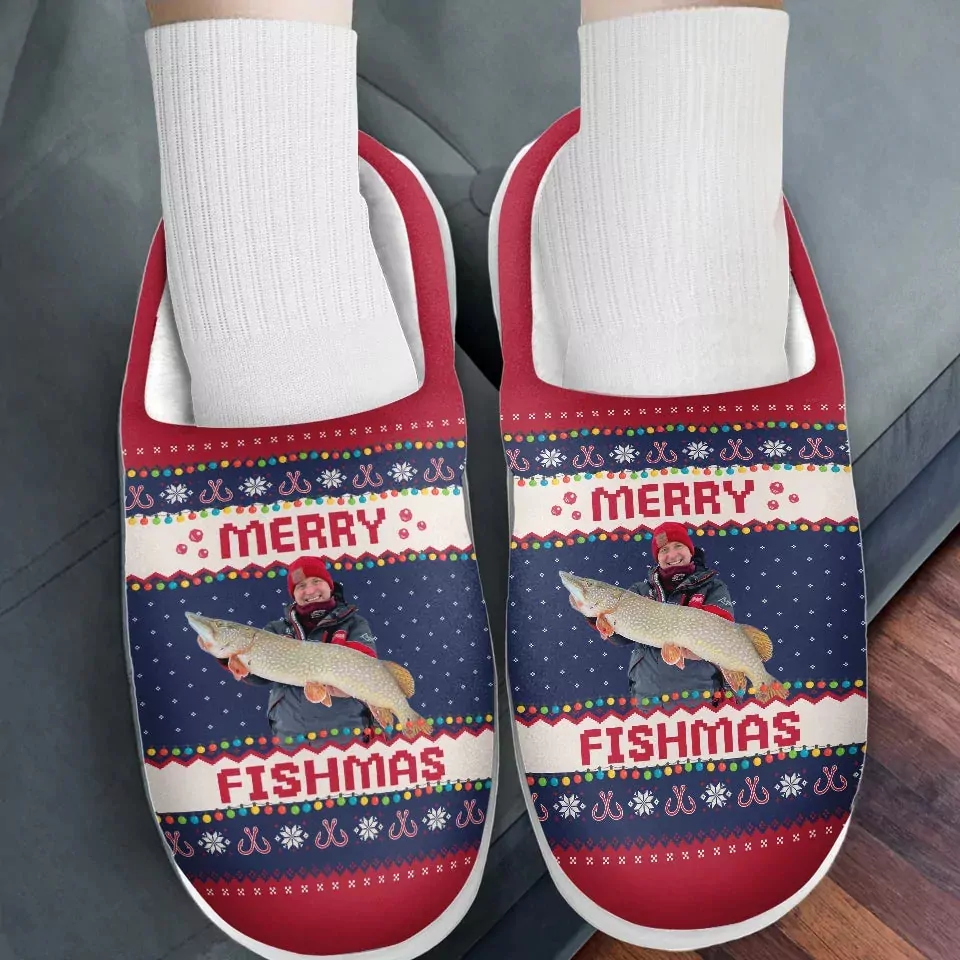 custom photo merry fishmas fishing personalized custom fluffy slippe slippers