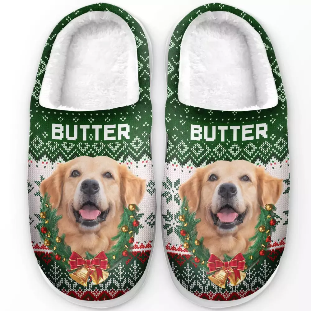 custom photo santa s little helper right here dog cat personalized slippers 2
