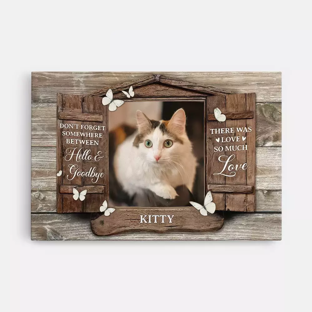 between hello and goodbye there was so much love personalised gifts canvas for cat lovers