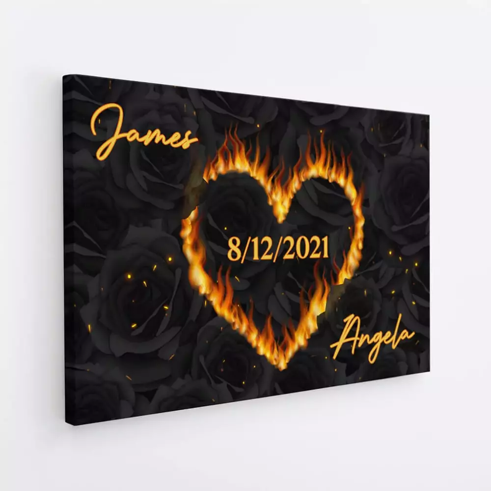 personalised black roses heart on fire canvas for couple 1