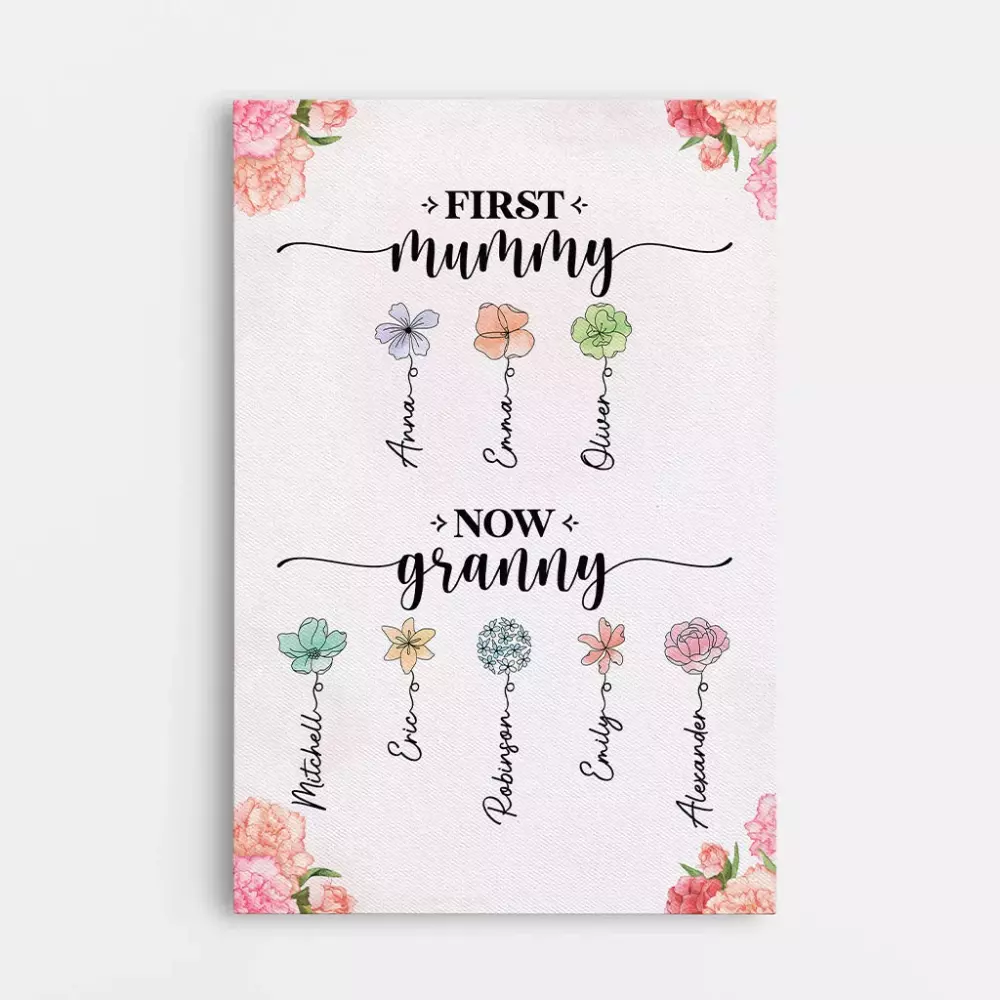 personalised first mummy now grandma canvas
