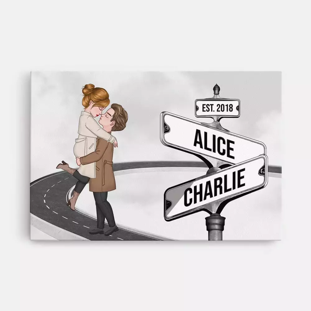 personalised vintage street sign couple kissing canvas
