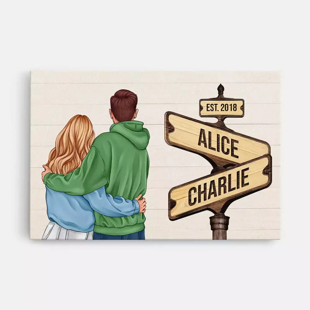 personalised vintage wooden street sign couple canvas