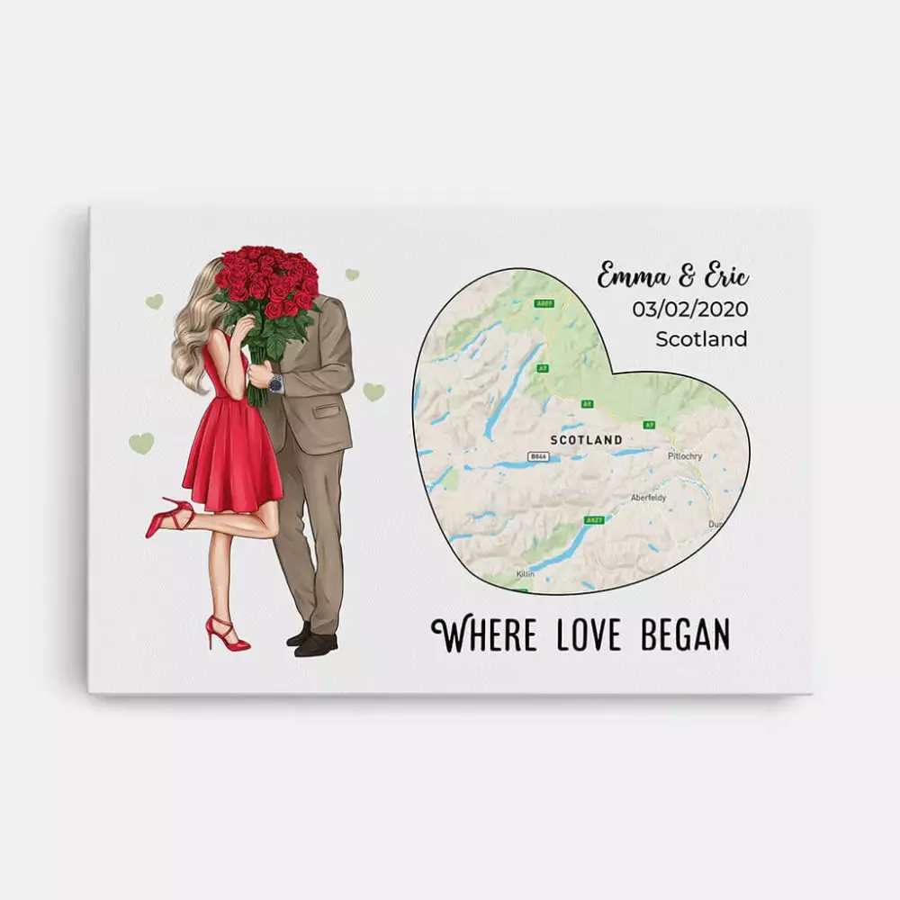 personalised where love began map canvas for couple
