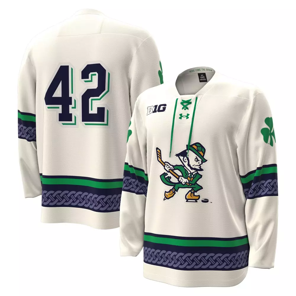 42 notre dame fighting irish under armour alternate leprechaun replica hockey jersey white